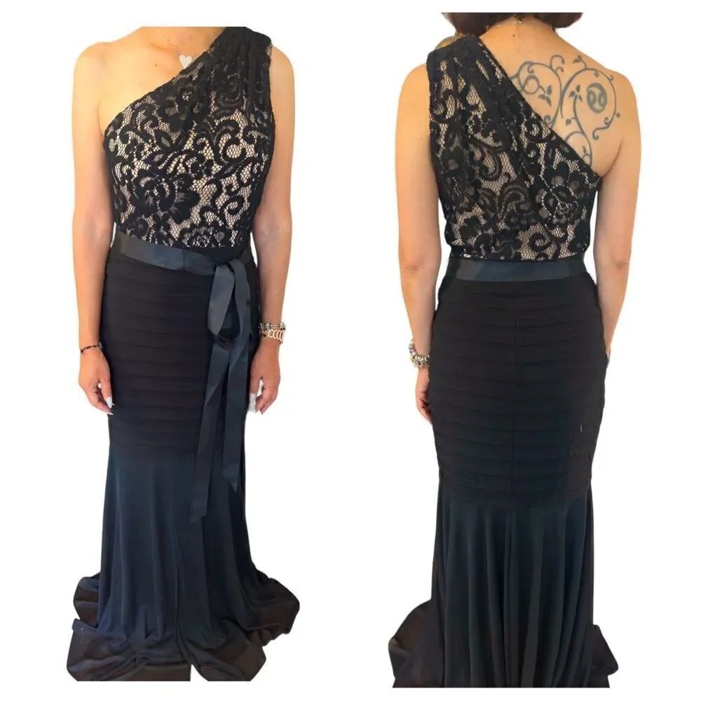 Cache Black Lace One Shoulder Pleated & Flare w/ Belt Long Gown Size 4